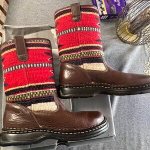 Born Southwestern Aztec Tapestry Brown Leather Mid Boots Size Womens 8 m/w 39